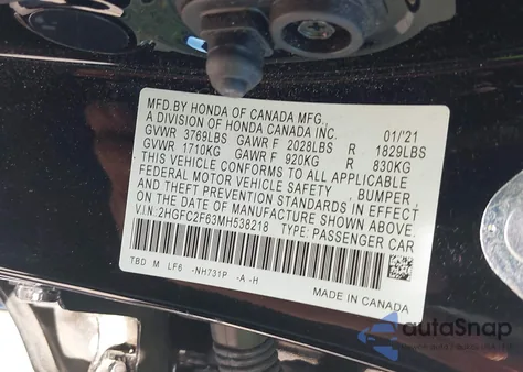 2021 Honda Civic Lx из США, поврежденный, VIN 2HGFC2F63MH538218